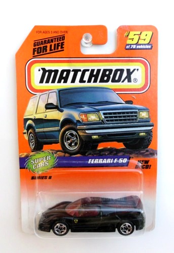 (59) FERRARI F-50 (Series-8) black 1997 Ferrari F-50 -“Card #59-Black” (Matchbox 75 Super Cars Series-8) “Rare-Vintage” (1997)