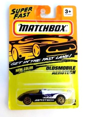 (62) Oldsmobile Areotech (Areotech Logo-Gold Wheels - Copy Oldsmobile Areotech -Gold Wheels Variant “Card! #62-Purple & White w/Areotech Tampo” (Matchbox 75 “Tyco Fast Lane” Collectible Series) “Rare-Vintage” (1993)
