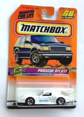 (68) Porsche 911 GT1 (white) 1997 - Copy Porsche 911 GT1 “Card #68-White w/Blue 911 GT1-Tampo” (Matchbox 75 “Mattel Wheels Street Cruisers” Series) “Rare-Vintage” (1997)