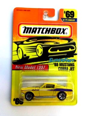 '68 MUSTANG COBRA JET “Card #69- Yellow & Purple W/White Stripes” (Matchbox 75 Superfast Series) “Rare-Vintage” (1997) 