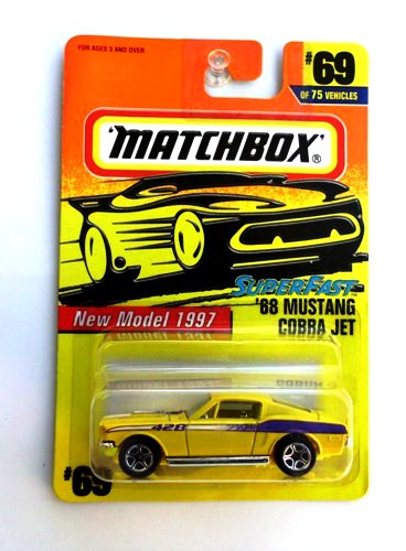 '68 MUSTANG COBRA JET “Card #69- Yellow & Purple W/White Stripes” (Matchbox 75 Superfast Series) “Rare-Vintage” (1997) 