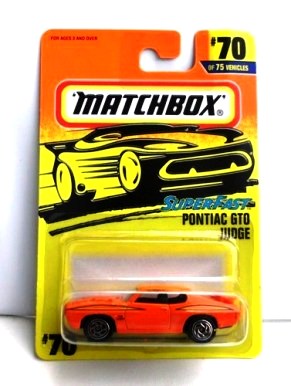 Pontiac GTO Judge -“Card #70-Orange/Orange Airfoil W/Blue & Yellow” (Matchbox 75 Superfast Series) “Rare-Vintage” (1997) 