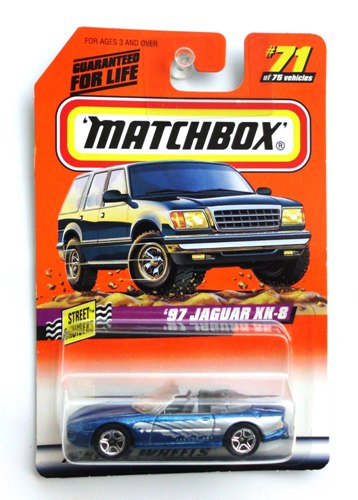 (71) '97 Jaguar XK-8 (blue & silver) 1997 '97 Jaguar XK-8-“Card #71-Silver & Blue” (Matchbox 75 “Mattel Wheels Street Cruisers” Series) “Rare-Vintage” (1997)