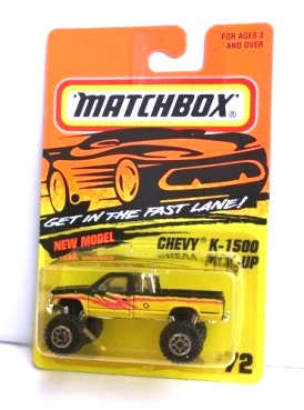Chevy K-1500 Pickup-“Card! #72-Yellow & Black w/Pink Tampo” (Matchbox 75 “Tyco Fast Lane” Collectible Series) “Rare-Vintage” (1996) 
