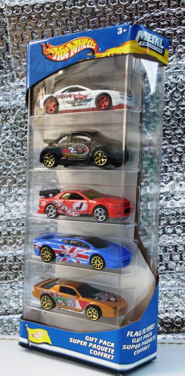Flag Flyers Gift Pack "PC5, Y5 & 10-Spoke Wheels" (Hotwheels 1:64 Scale 5-Car Box Set) “Rare-Vintage” (2002)