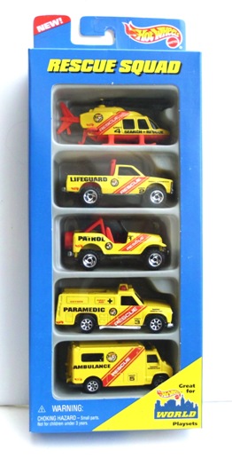 RESCUE SQUAD (HW 5-PK Collection) Razor & 7-Spoke (1996)- Rescue Squad Gift Pack "Construction-Hubs & 7-Spoke Wheels" (Hotwheels 1:64 Scale 5-Car Box Set) “Rare-Vintage” (1996)