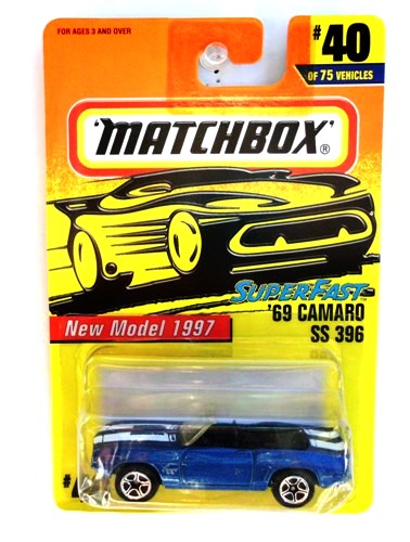 '69 Camaro SS 396 -“Card #40- Metallic Blue, CAMARO SS W/Dual White Stripes” (Matchbox 75 Superfast Series) “Rare-Vintage” (1997) 