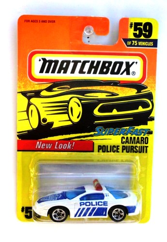 Camaro Police Pursuit -“Card #59-White & Blue” (Matchbox 75 Superfast Series) “Rare-Vintage” (1997) 