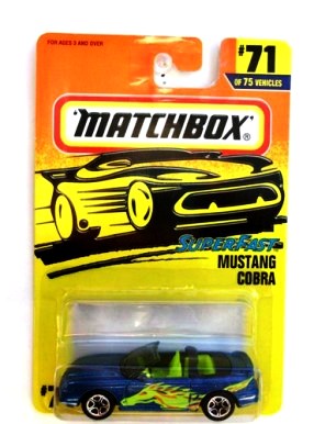 Mustang Cobra -“Card #71-Dark Metallic Blue-Lime Horse” (Matchbox 75 Superfast Series) “Rare-Vintage” (1997) 
