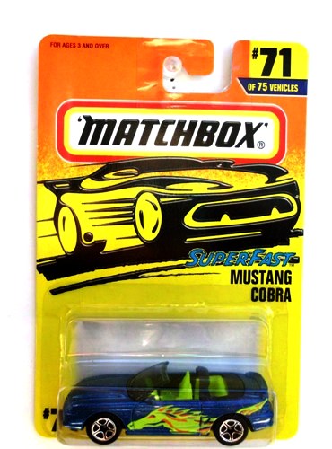 Mustang Cobra -“Card #71-Dark Metallic Blue-Lime Horse” (Matchbox 75 Superfast Series) “Rare-Vintage” (1997) 