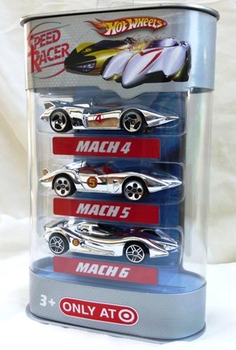 HW_SPEED RACER (EXCLUSIVE SET)-1 Speed Racer “Mach 4, Mach 5, Mach 6” (Hotwheels Speed Racer "Target Exclusive" 3-Car Chrome Set) "Rare-Vintage" (2007)