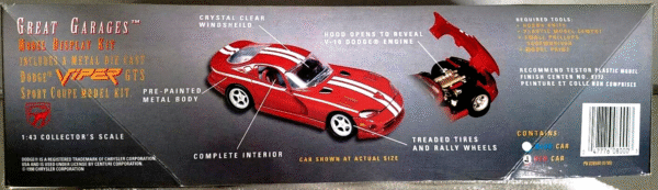 (Red Dot) On The Side Of The Box Signifies The Actual (Red Vehicle) Pack Dodge Viper GTS “Sport Coupe”! (Great Garages Model Display Kit-Red w/White Stripes 1:43) “Rare-Vintage” (1998)