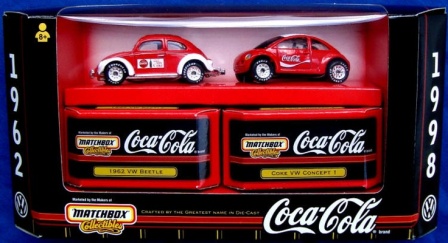 1962 VW Beetle & Coke VW Concept 1 “Red & White w/Goodyear Tires” (Matchbox “Coca-Cola VW Beetle 2-Pack” Collectible Series) “Rare-Vintage” (1998) 