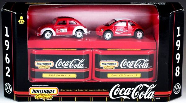 1962 VW Beetle & Coke VW Concept 1 “Red & White w/Goodyear Tires” (Matchbox “Coca-Cola VW Beetle 2-Pack” Collectible Series) “Rare-Vintage” (1998) 