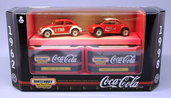 1962 VW Beetle & Coke VW Concept 1 “Red & White w/Goodyear Tires” (Matchbox “Coca-Cola VW Beetle 2-Pack” Collectible Series) “Rare-Vintage” (1998) 