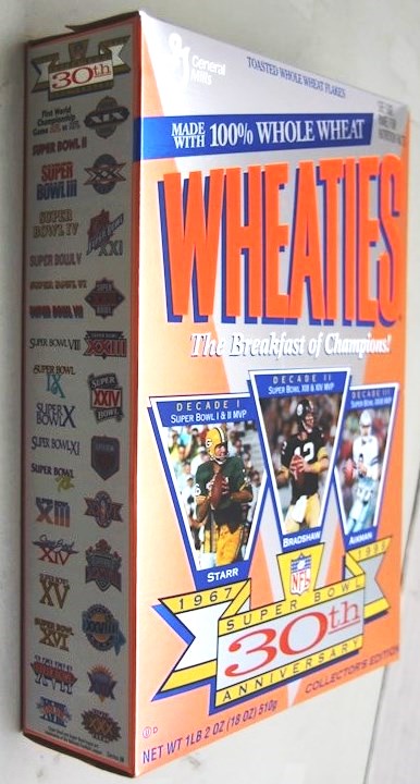 1996 Super Bowl 30th Anniversary foil Cereal Box unused factory Flat shm284 