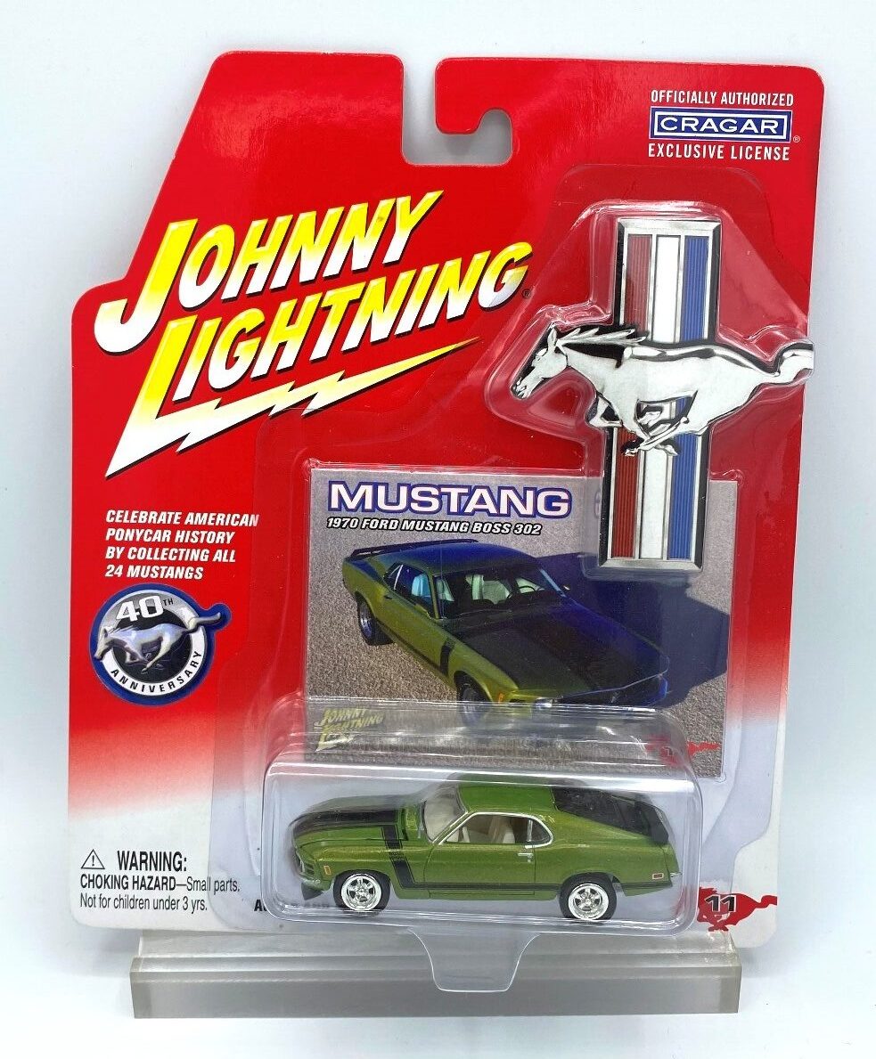 diecast masters mustang on Mustang 40th Anniversary Series Authentic Replicas Vintage 1970 Ford Mustang Boss 302 W Collector No 11 Photo Card Die Cast Metal Body And Chassis Johnny Lightning Mustang Classics Collection 1 64 Scale Rare Vintage 2004