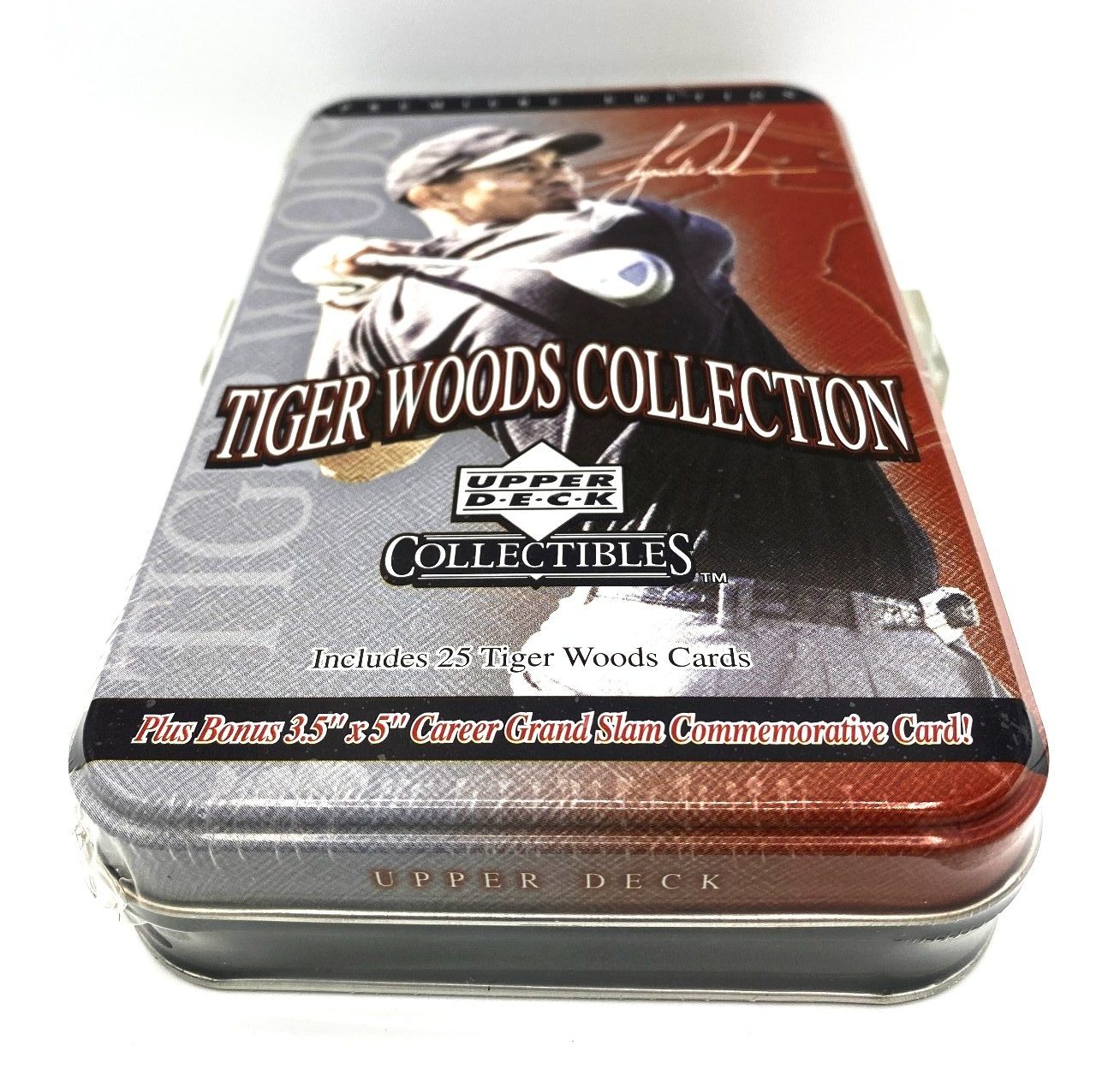 UPPER DECK TIGER WOODS COLLECTION TIN SET OF 25 CARDS & 1 3.5 X 5 COMMEMORATIVE 