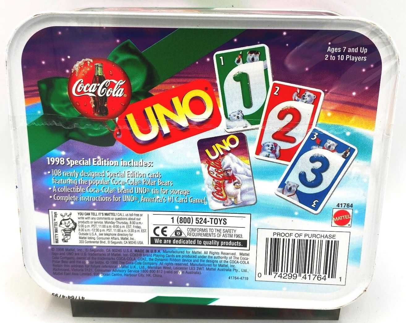 1998 UNO Coca-Cola Tin-Card Game! Vintage (UNO 108 Newly Designed Special  Edition Cards Set In Tin-Storage) Mattel 