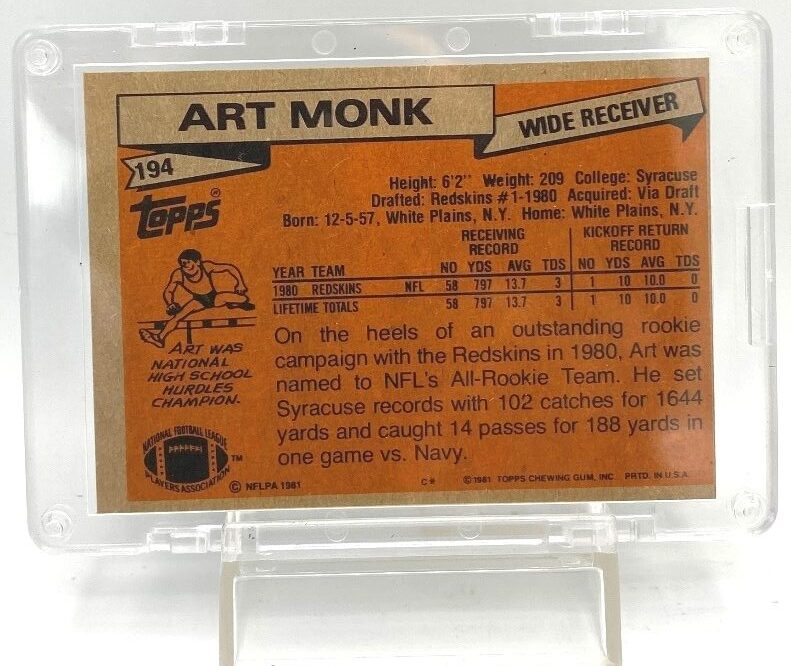 1981 Topps Chewing Gum Rookie Art Monk Card #194 (5)