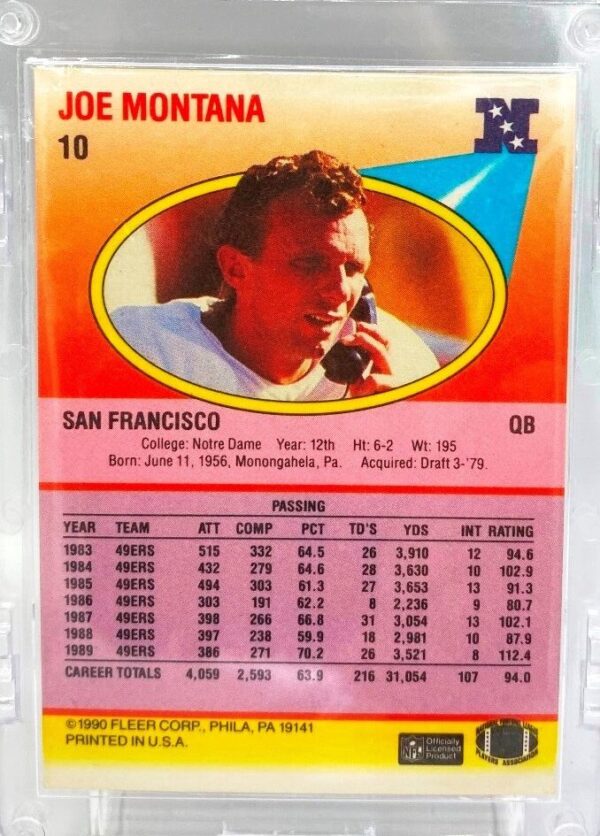 1990 Fleer Autographed Card #10 Joe Montana (ERROR STATS CARD) TD's & YD' (7) 1990 Fleer Autographed Card #10 Joe Montana (ERROR STATS CARD) TD's & YD' (7)