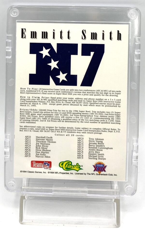 1995 Classic Games Super Bowl XXIX Emmitt Smith Game Card (5) 1995 Classic Games Super Bowl XXIX Emmitt Smith Game Card (5)
