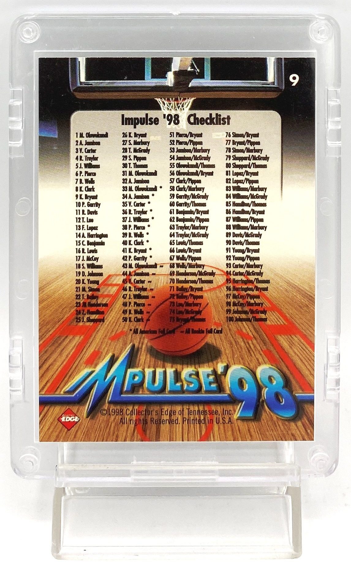 1998 Edge Impulse '98 Kobe Bryant (Checklist) Gold Script Print) Card #9 (1pc) (5)