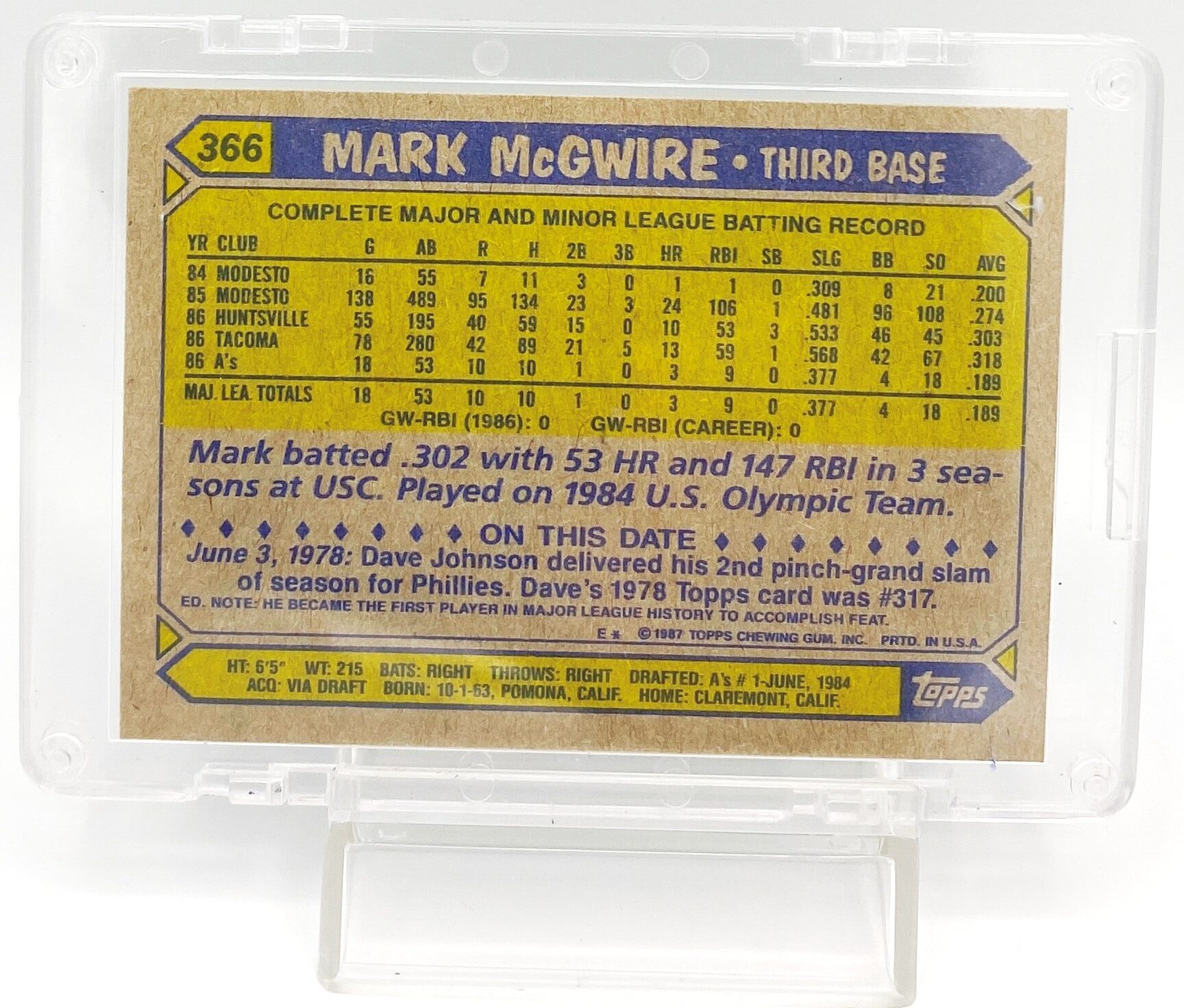 1987 Topps Rookie Card #366 Mark McGwire (5)