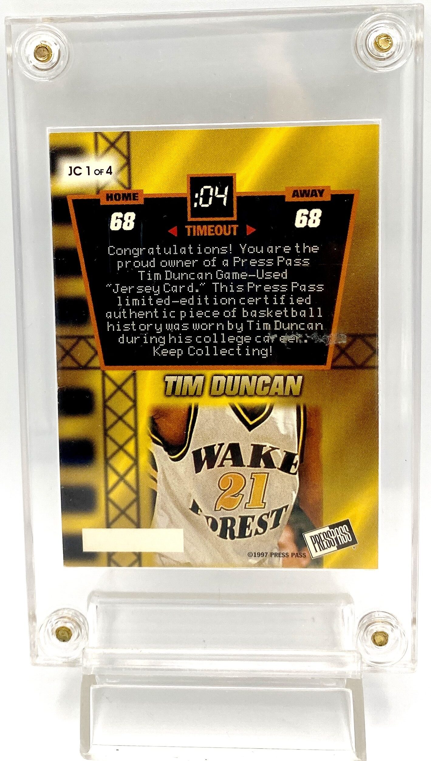 1997 Press Pass Game Used Jersey Card #JC 1 Of 4 Tim Duncan (5)