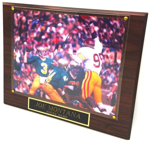 Vintage 1994 Joe Montana QB #3 "Autographed Notre Dame Collegiate 8 x 10 Color Photo & Plaque COA  12-29-1994" (Authenticated Memorabilia Sealed In The Original Plexiglass Protector Plaque) “Rare-Vintage” (1994)