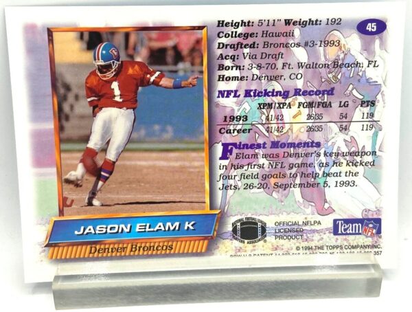Vintage 1994 Topps Finest NFL Jason Elam Card #45 "ROOKIE STAR" (Denver Broncos-1993 Finest Moments-Vintage 4 1/4" X 6" Collectible Card Edition) Collection "Rare-Vintage" (1994) 