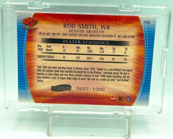 Vintage 2000 Collector's Edge Masters NFL Rod Smith Card #59 Holosilver Limited Edition #0683/#1000 Denver Broncos WR ("Sealed In Card Protector Acrylic Case") Collector's Edge "Rare-Vintage" (2000)