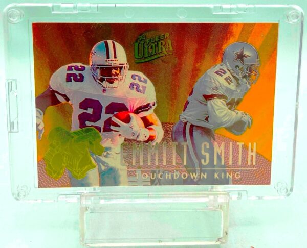 1994 Fleer Ultra TDK Emmitt Smith #7 (1) Vintage 1994 Fleer Ultra Touchdown King Emmitt Smith Insert Card #7 of 9 (Chromium "Touchdown King" Card) Team: Cowboys RB Jersey #22 ("In Card Protector Acrylic CASE") "Rare-Vintage" 1994)
