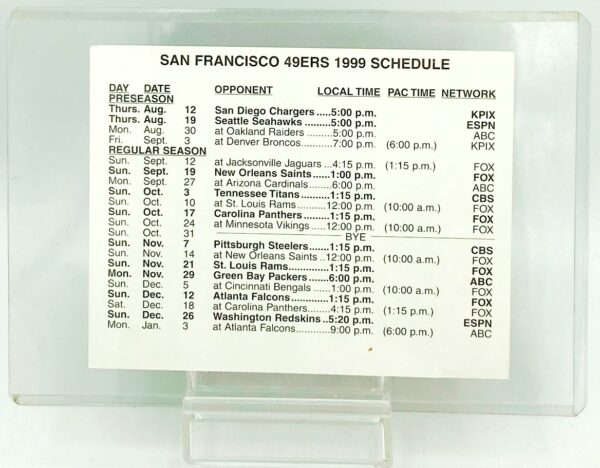 Vintage 1999 Budweiser NFL 49ers Schedule Jerry Rice ("Original Release-Not Folded or Creased") "Team: San Francisco Forty-Niners Jersey #80" ("In Hard-Clear Protective Sleeve") “Rare-Vintage” (1999) 