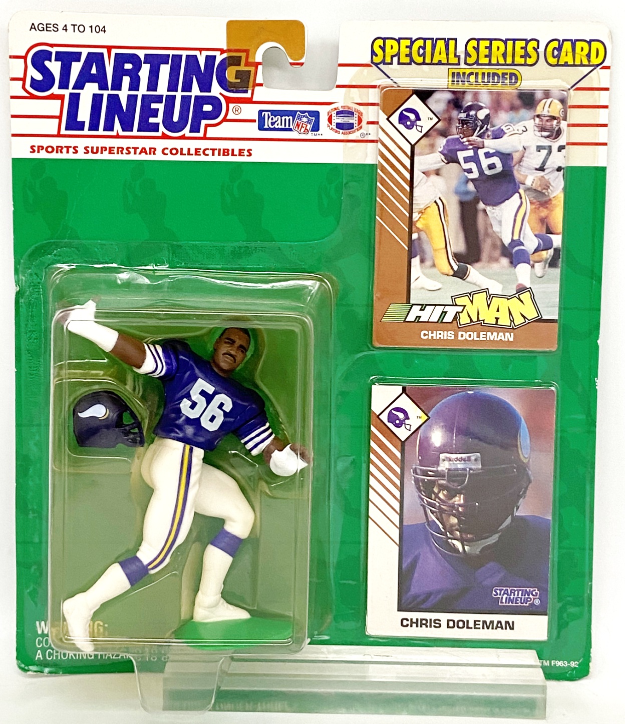 Vintage 1993 Starting Lineup NFL Chris Doleman Minnesota Vikings (Sports Superstar Collectibles) w/Hit Man Special Series Card & Player' Collector's Trading Card (Kenner Collection) “Rare-Vintage (1993)