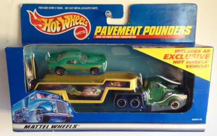 Hotwheels (Pavement Pounders 2-Pack) Exclusive '67 Chevy Camaro (Green) & Transporter (Mattel wheels 1:64 Scale Diecast Collection) “Rare-Vintage” (2000)