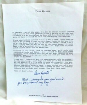 images Dean Koontz #5 ("RARE-VINTAGE TYPED/SIGNED THANK YOU LETTER")'98