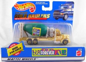 images Hotwheels 24K Plated Gold Haulers (Cement Mixer) "Exclusive Toys R Us 50 Years Forever" (Hotwheels 1:64 Scale Diecast Collection) “Rare-Vintage” (1998)