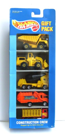 Construction Crew Gift Pack "Car #5 Flat Bed Truck w/Razor Wheels Variation" (Hotwheels 1:64 Scale 5-Car Box Set) “Rare-Vintage” (1994)