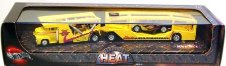 images Haulin' Heat “Classic Auto Transporter” (Hotwheels 100% "Exclusive  Limited Edition 1:64 Scale" Plexi-Case 4 Pc-Car & Transporter Set) "Rare-Vintage" (2001)